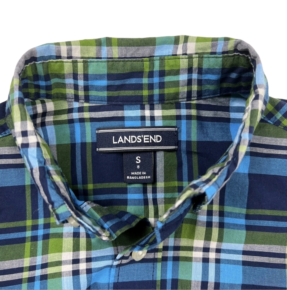 Lands' End Men's Casual Blue and Green Plaid Shirt